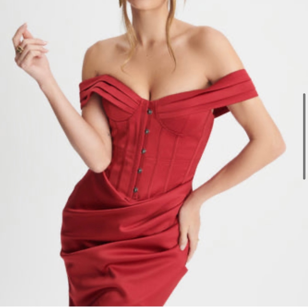 Lavish Alice Satin Off Shoulder Corset Wrap Dress In Burgundy